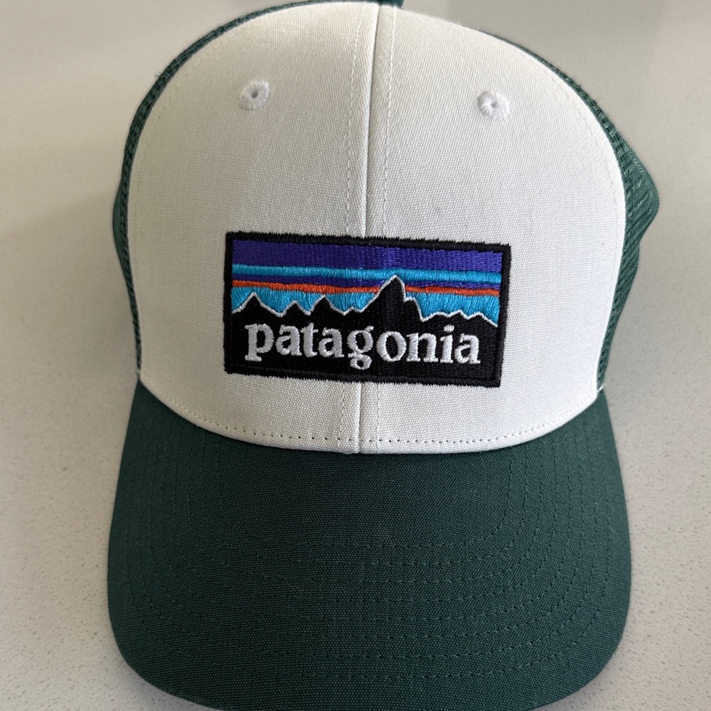 Patagonia Two-Panel Trucker Cap - White & Dark Green with Multicolor Logo